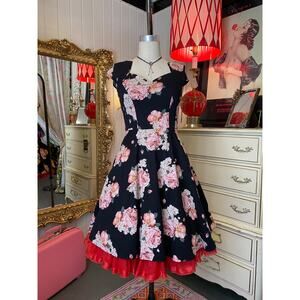 vintage y2k black floral fit and flare dress rose print full skirt s/m 50s style